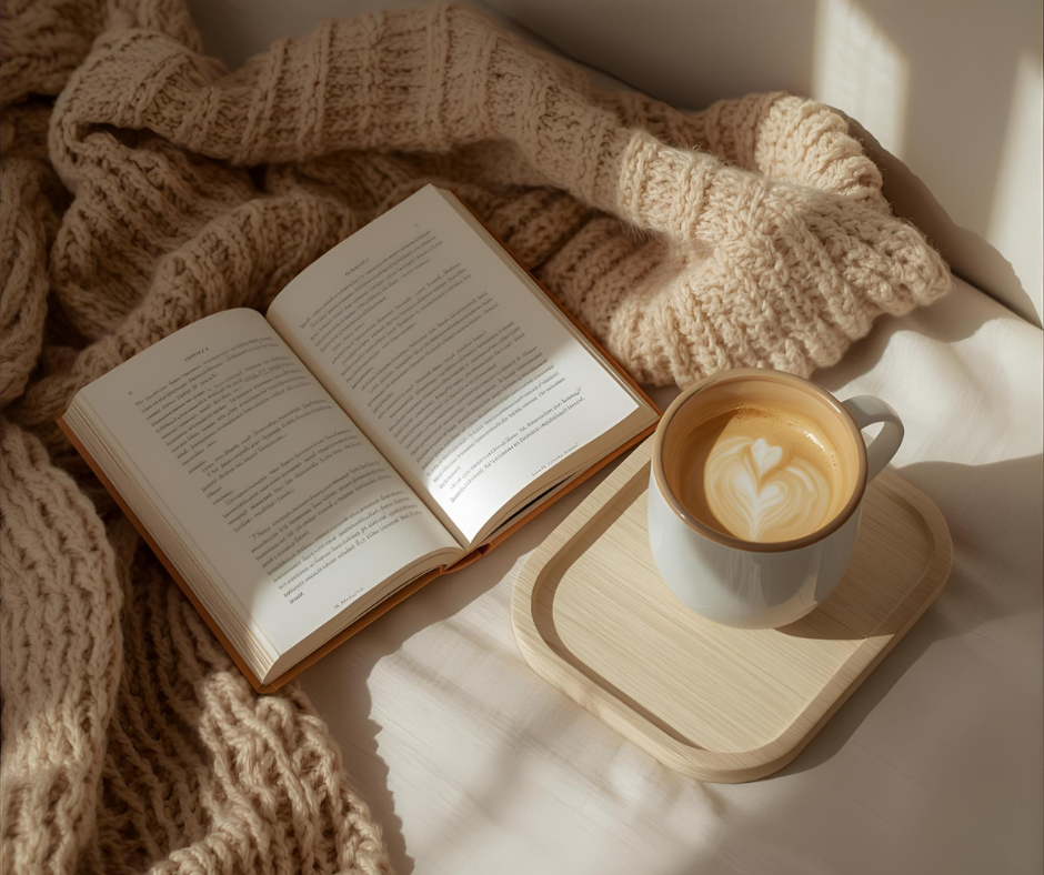 Open book and latte on a cozy knit blanket