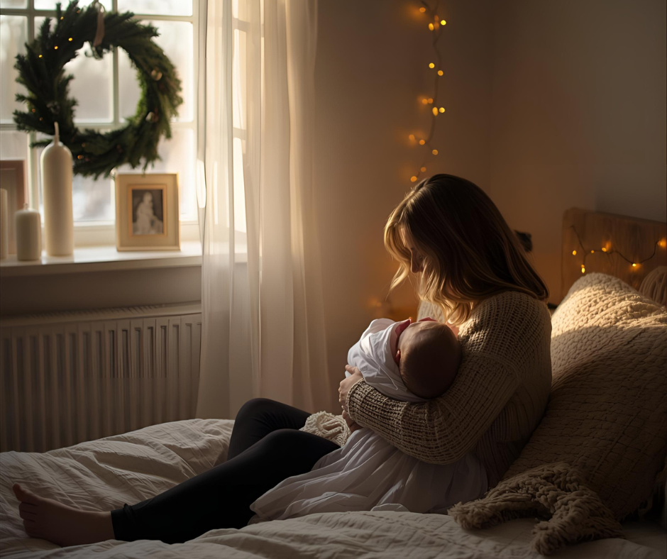 First-time mom with Christmas anxiety holding her baby by the window, soft warm holiday light