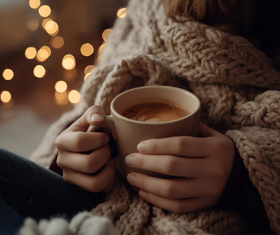 Hands holding a warm cup during Christmas, cozy grounding ritual for an anxious mom