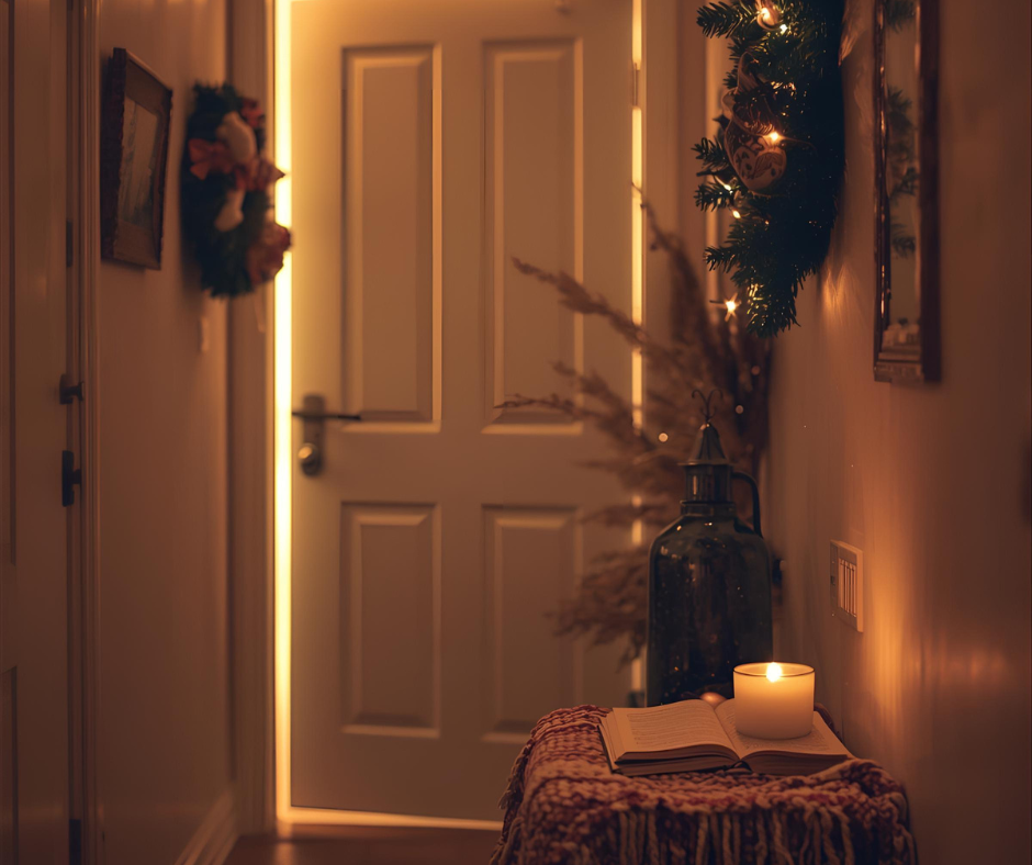 Warm hallway decorated for Christmas, symbolizing taking a quiet break away from the crowd