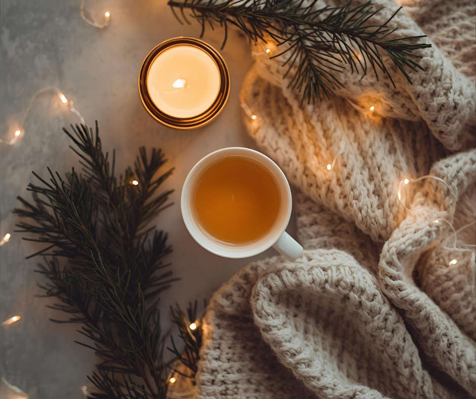 Soft Christmas still life with warm tea, candles, and pine branches symbolizing a calm holiday
